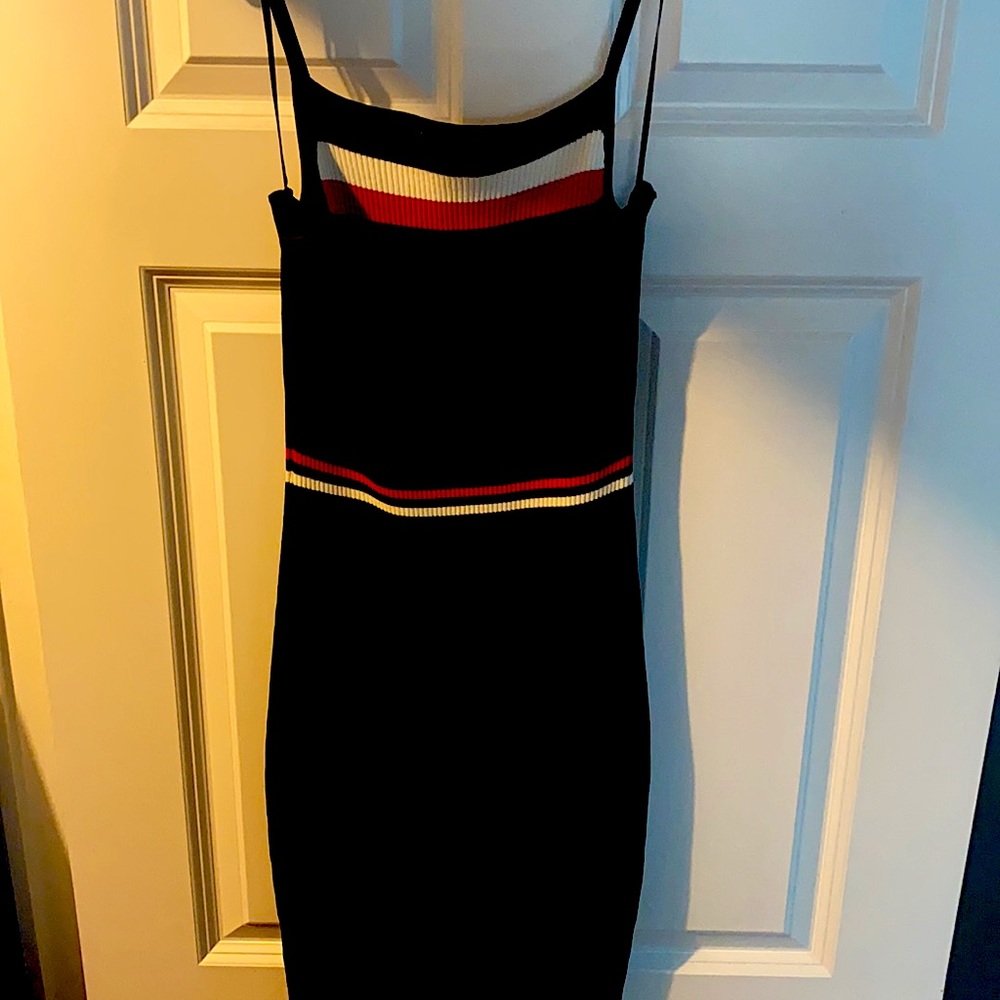 Black red and white mid length dress